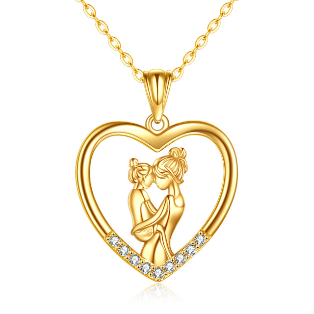 14K Gold Cubic Zirconia Mother & Daughter & Heart Pendant Necklace