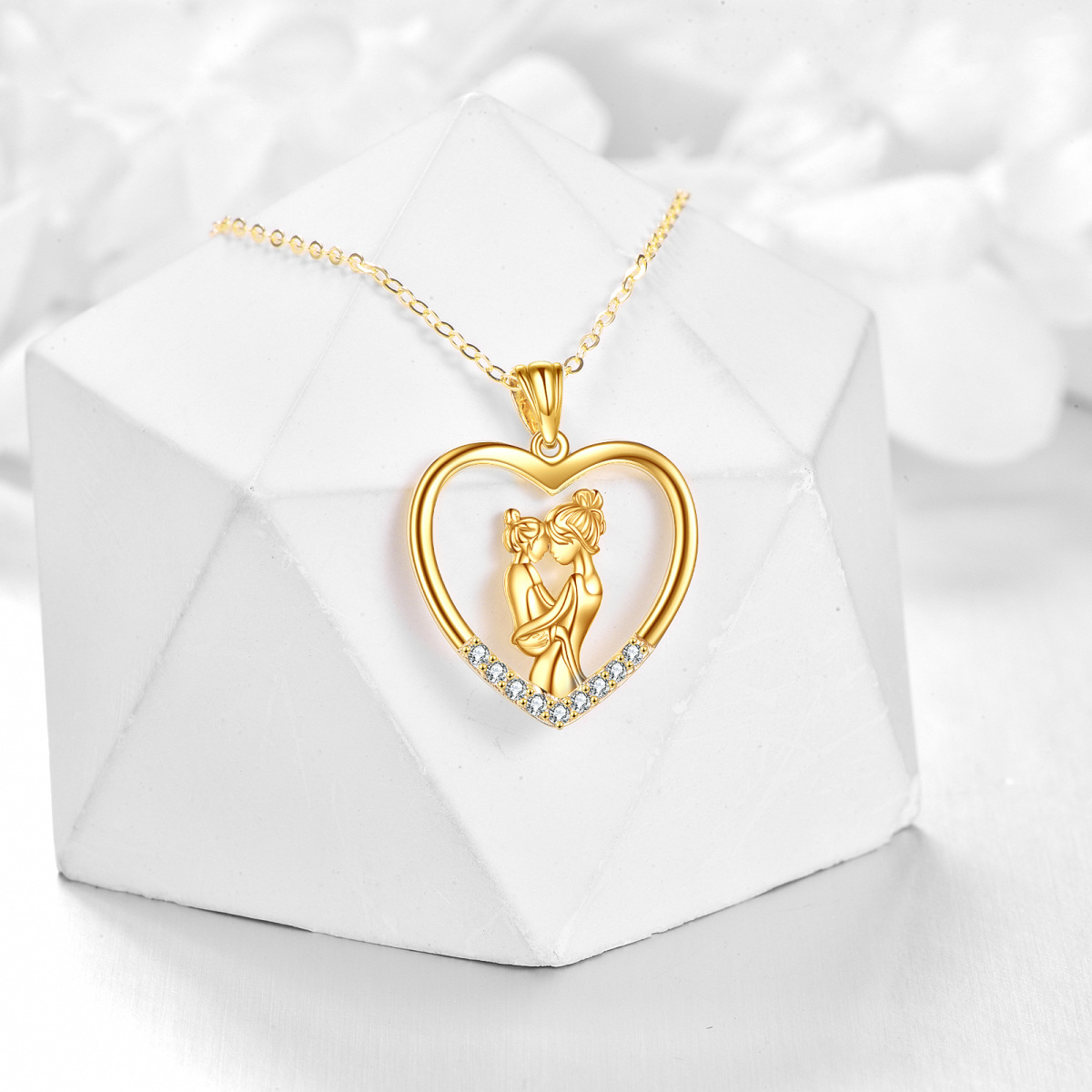 10K Gold Cubic Zirconia Mother With Daughter With Heart Pendant Necklace For Women Best Friend-3