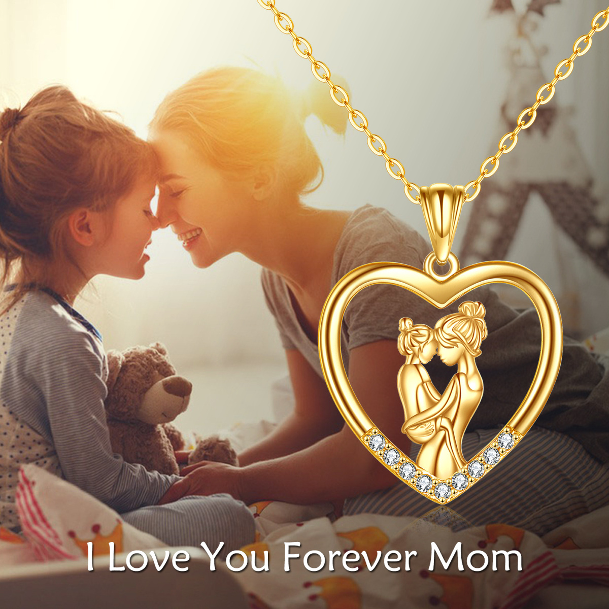 10K Gold Cubic Zirconia Mother With Daughter With Heart Pendant Necklace For Women Best Friend-5