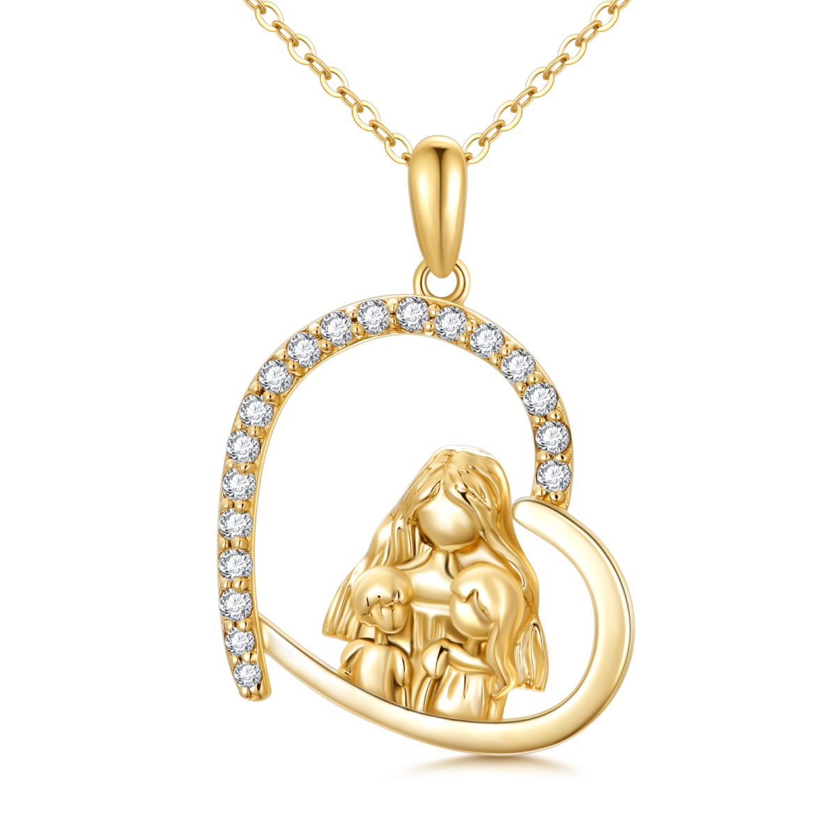 Colar com pingente de coração para mãe e filha de zircônia cúbica em ouro 14K para mãe-1