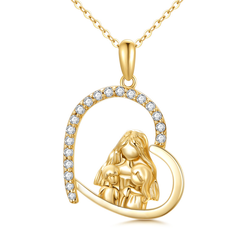 10K Gold Cubic Zirconia Mother & Daughter Heart Pendant Necklace For Mom-10