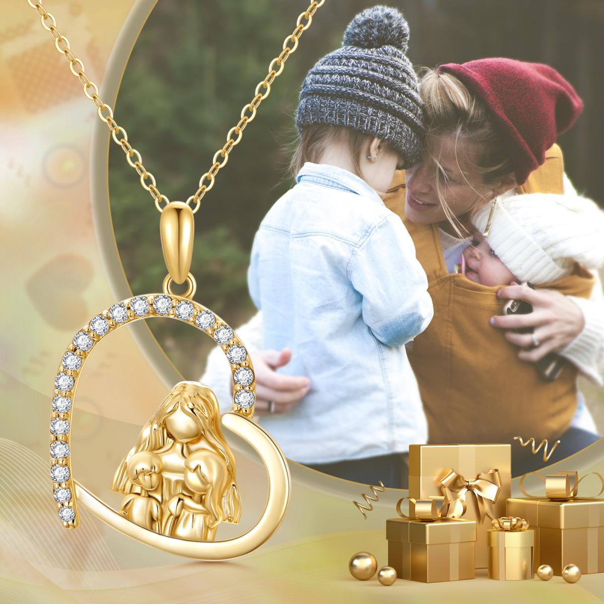 Colar com pingente de coração para mãe e filha de zircônia cúbica em ouro 14K para mãe-3