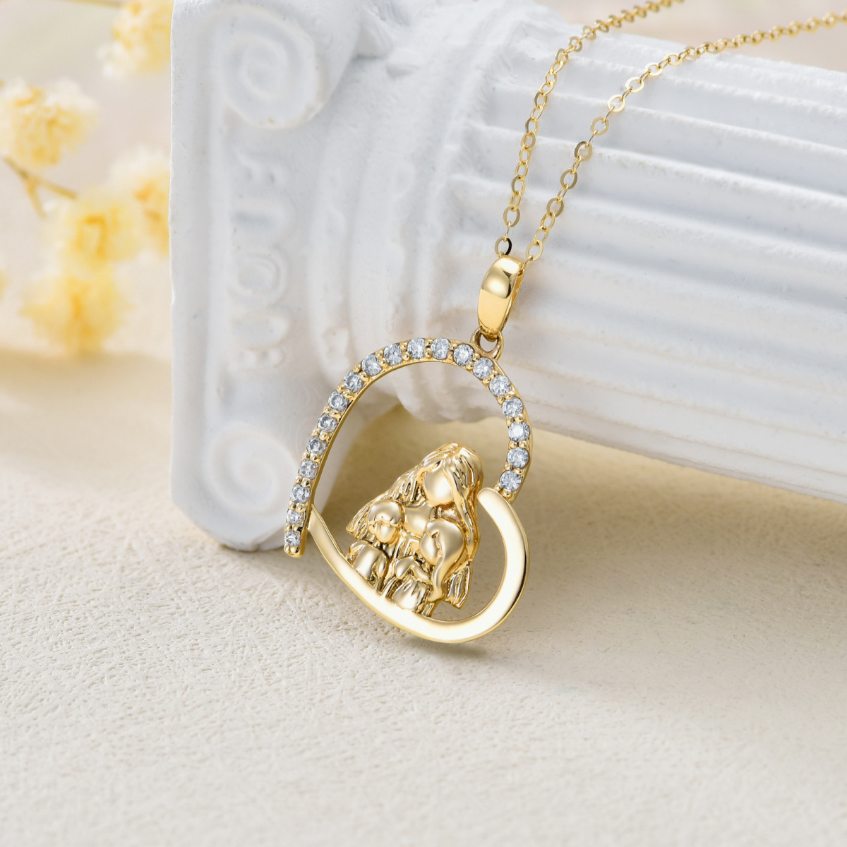 10K Gold Cubic Zirconia Mother & Daughter Heart Pendant Necklace For Mom-4