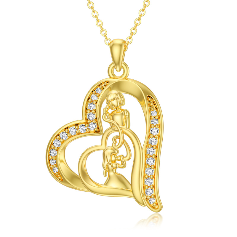 10K Gold Cubic Zirconia Mother & Daughter Heart Pendant Necklace-14