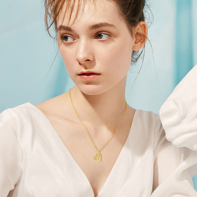 10K Gold Cubic Zirconia Mother & Daughter Heart Pendant Necklace-2