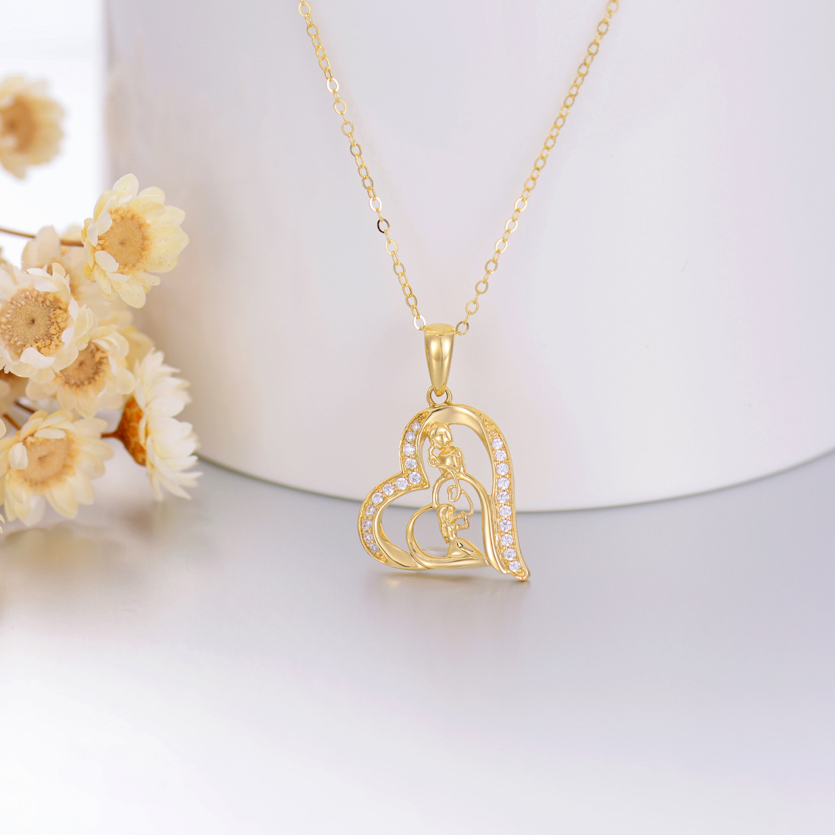 Collier à pendentif en or 14K à zircon cubique en forme de coeur pour mère et fille-3