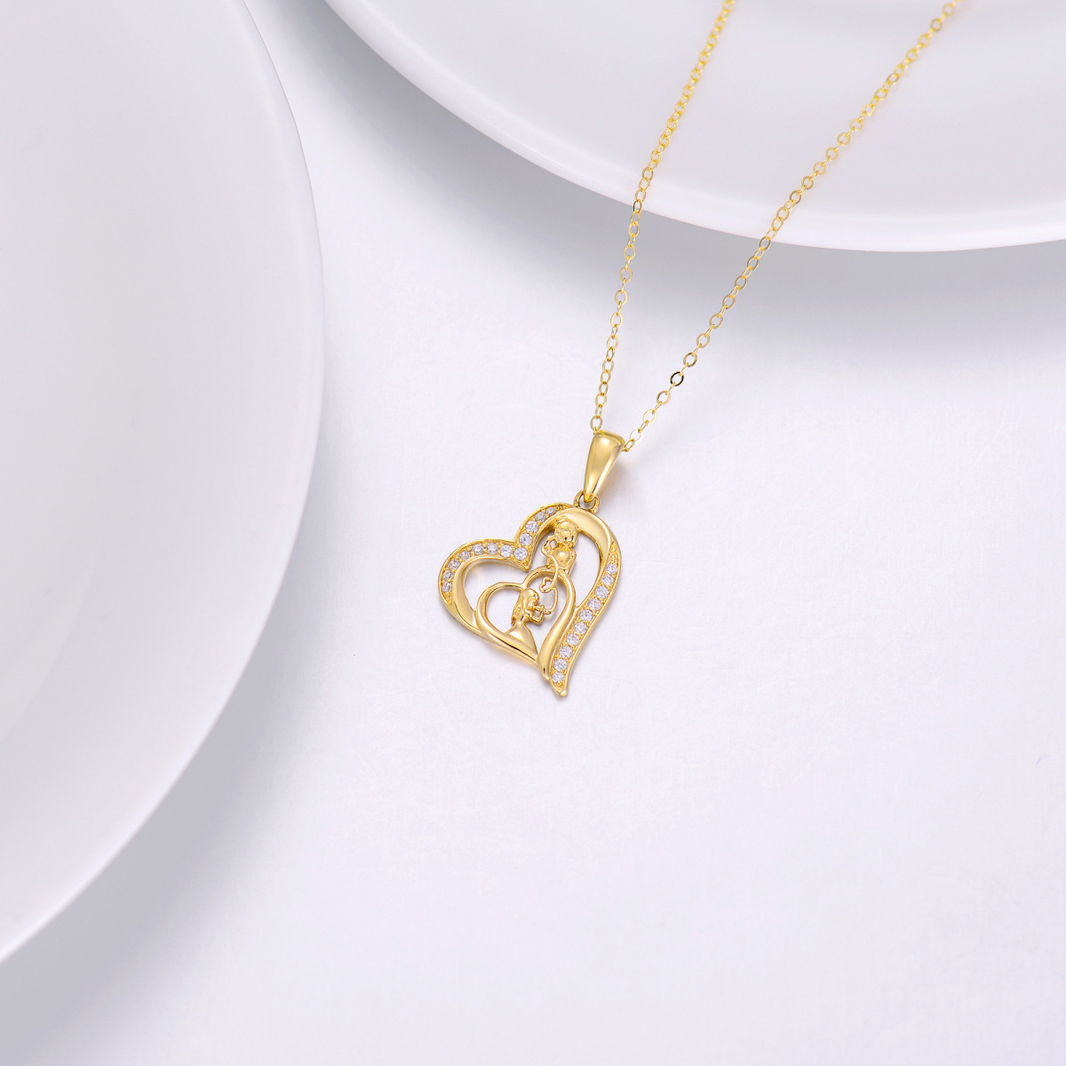 14K Gold Cubic Zirconia Mother & Daughter Heart Pendant Necklace-4