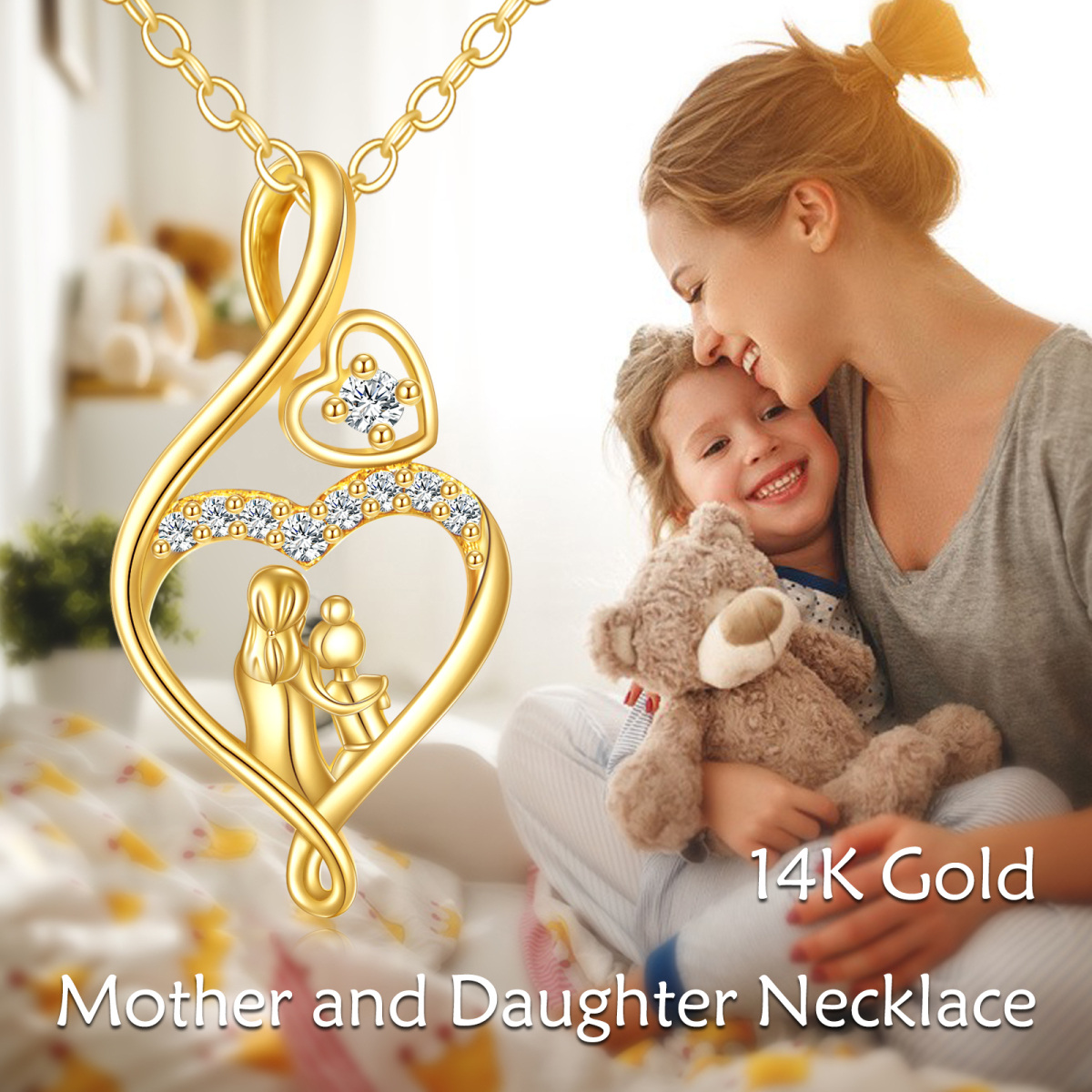 14K Gold Cubic Zirconia Mother & Daughter & Infinity Symbol Pendant Necklace-6