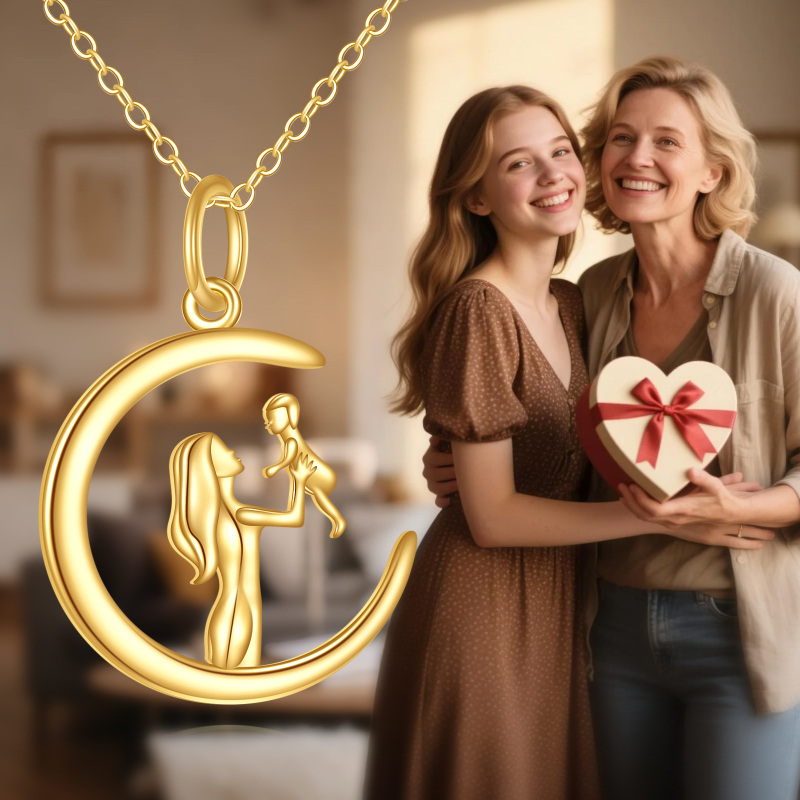 10K White Gold Mother & Daughter & Moon Pendant Necklace-4