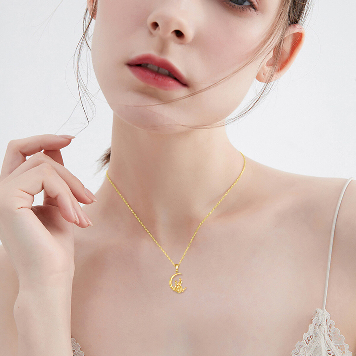 Collier mère et fille avec pendentif lune en or 14K-2