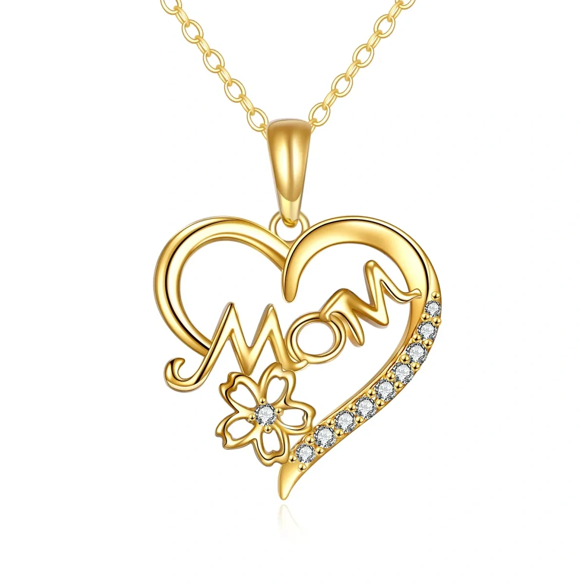 10K Gold Cubic Zirconia Mother & Heart Pendant Necklace-1