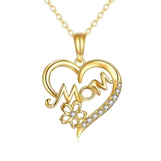 10K Gold Cubic Zirconia Mother & Heart Pendant Necklace-34