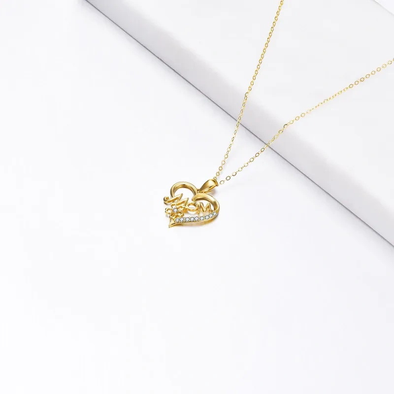 Collana con ciondolo a forma di cuore e madre in zirconia cubica in oro 10K-4
