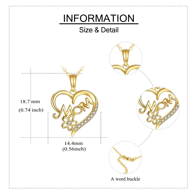 Collana con ciondolo a forma di cuore e madre in zirconia cubica in oro 10K-5