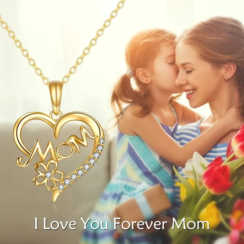 Collana con ciondolo a forma di cuore e madre in zirconia cubica in oro 10K-6