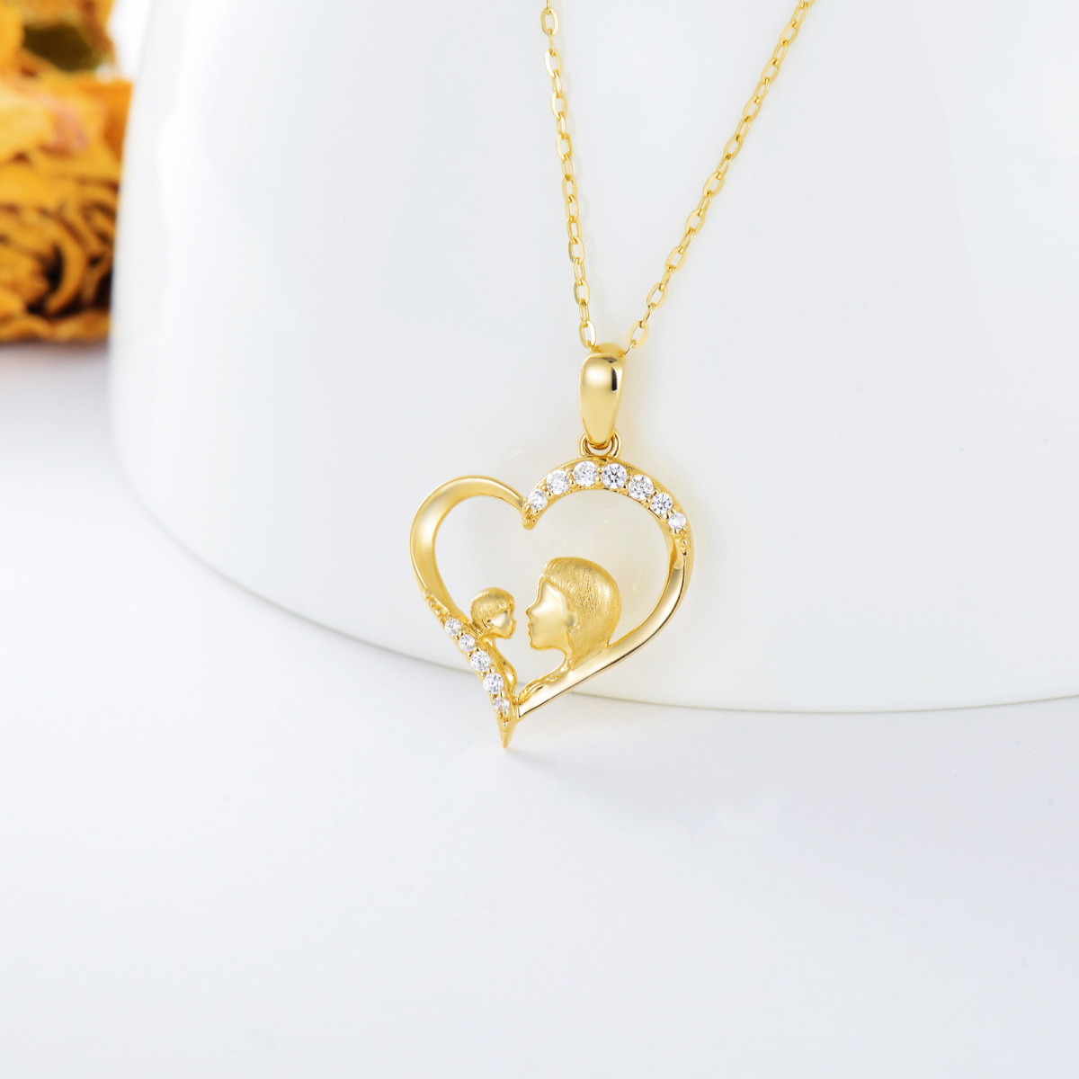 10K Gold Cubic Zirconia Mother & Heart Pendant Necklace-3