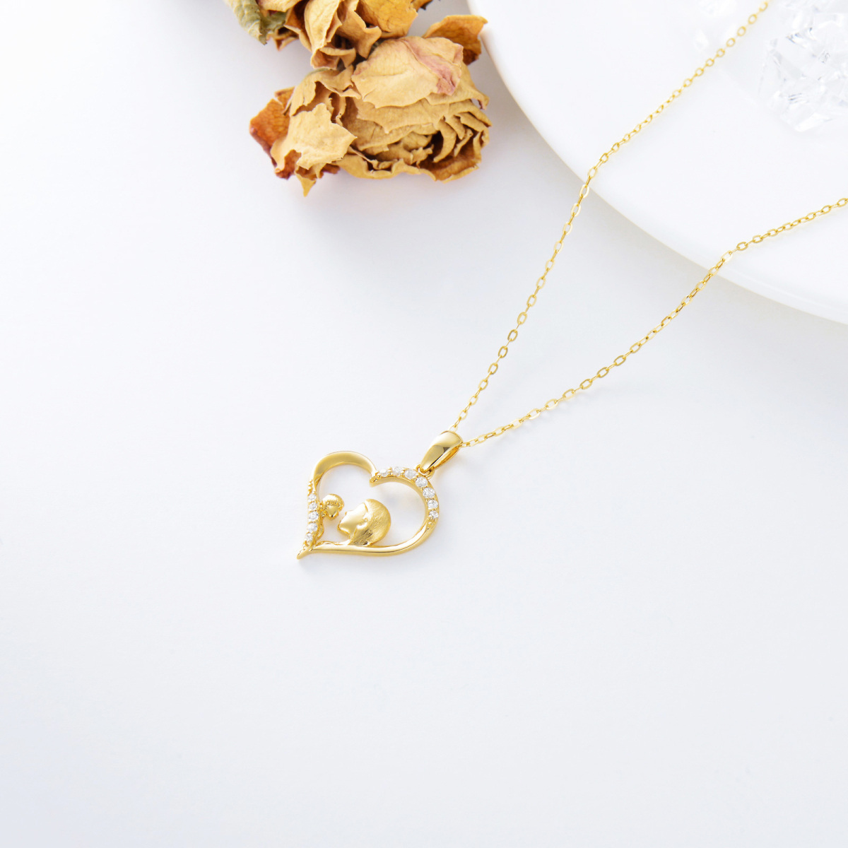 10K Gold Cubic Zirconia Mother & Heart Pendant Necklace-4