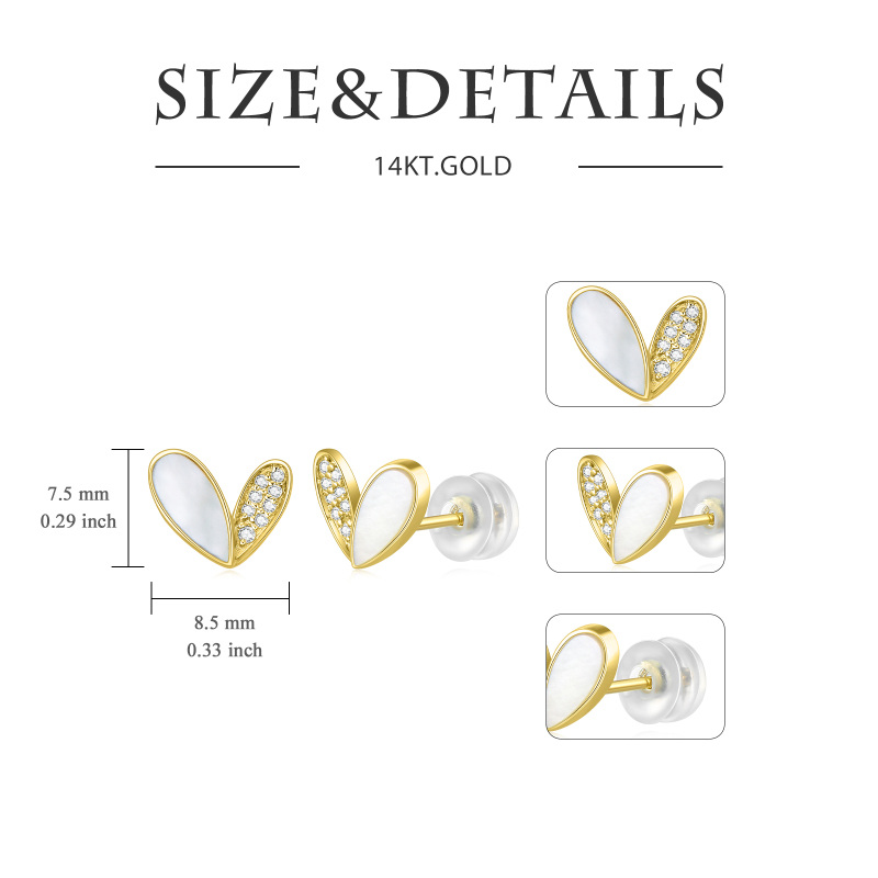 10K Gold Mother Of Pearl With Circula Cubic Zirconia Heart Stud Earrings-5
