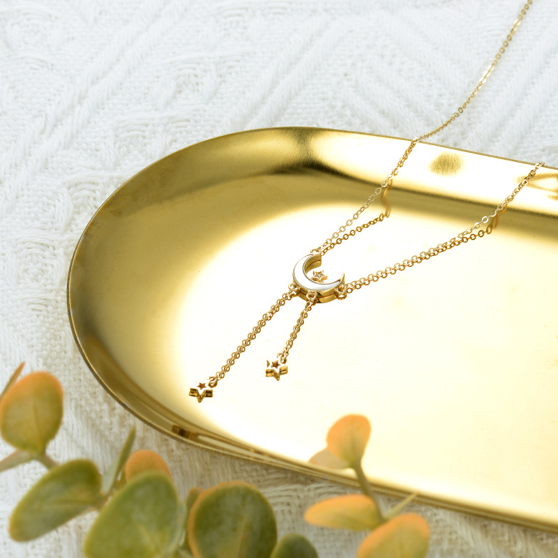 14K Gold Mother Of Pearl Moon Pendant Necklace-3