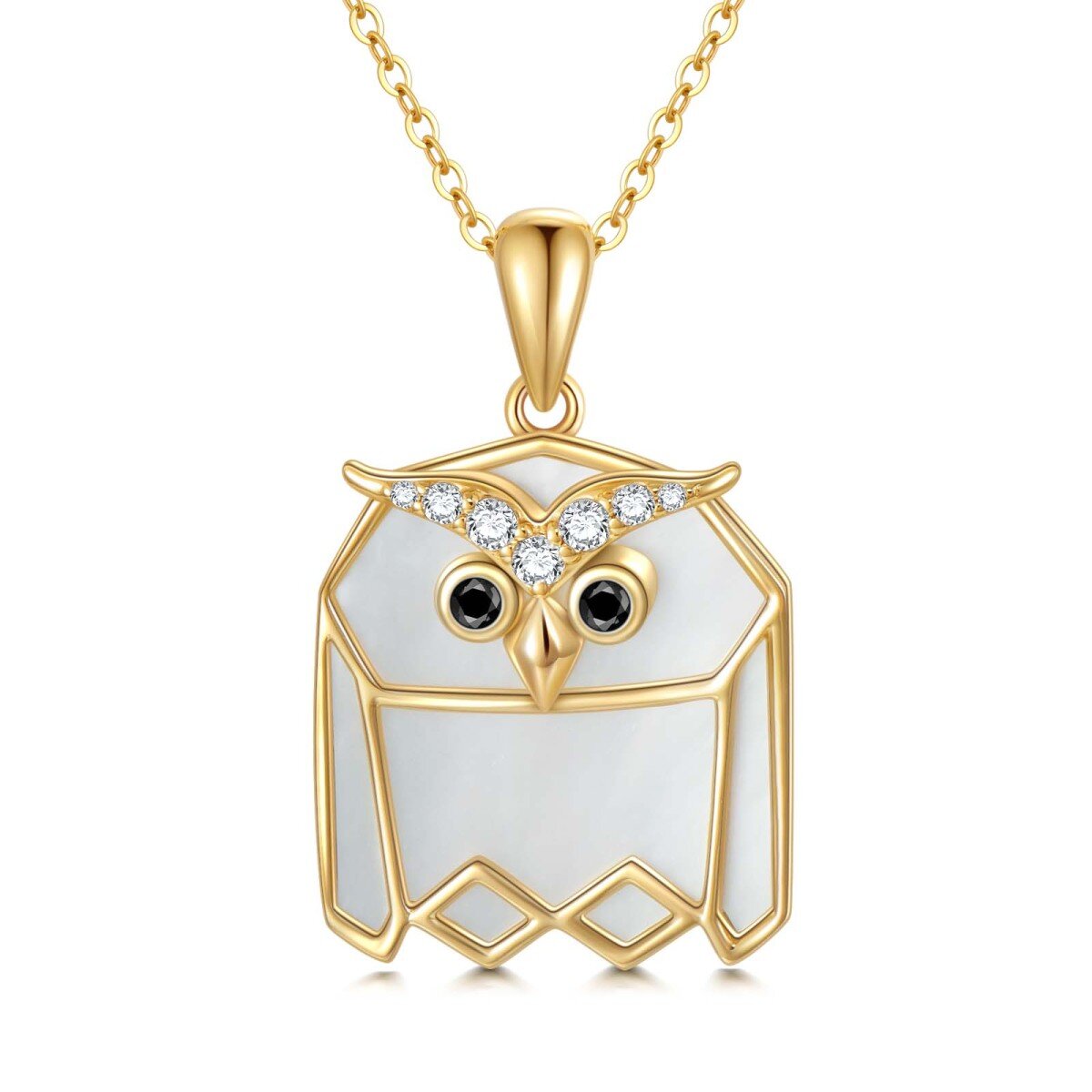 Collier avec pendentif hibou en nacre et zircone cubique en or 14 carats-1