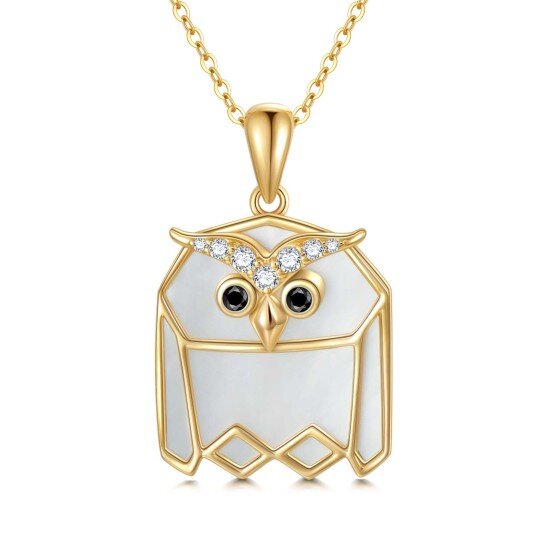 Collier avec pendentif hibou en nacre et zircone cubique en or 14 carats