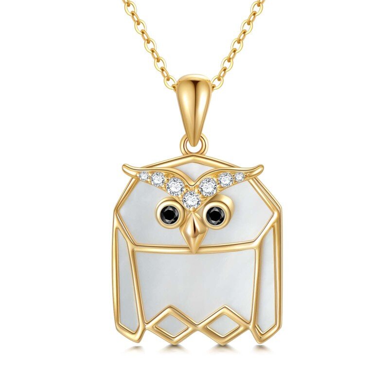 10K Gold Cubic Zirconia & Mother Of Pearl Owl Pendant Necklace-2