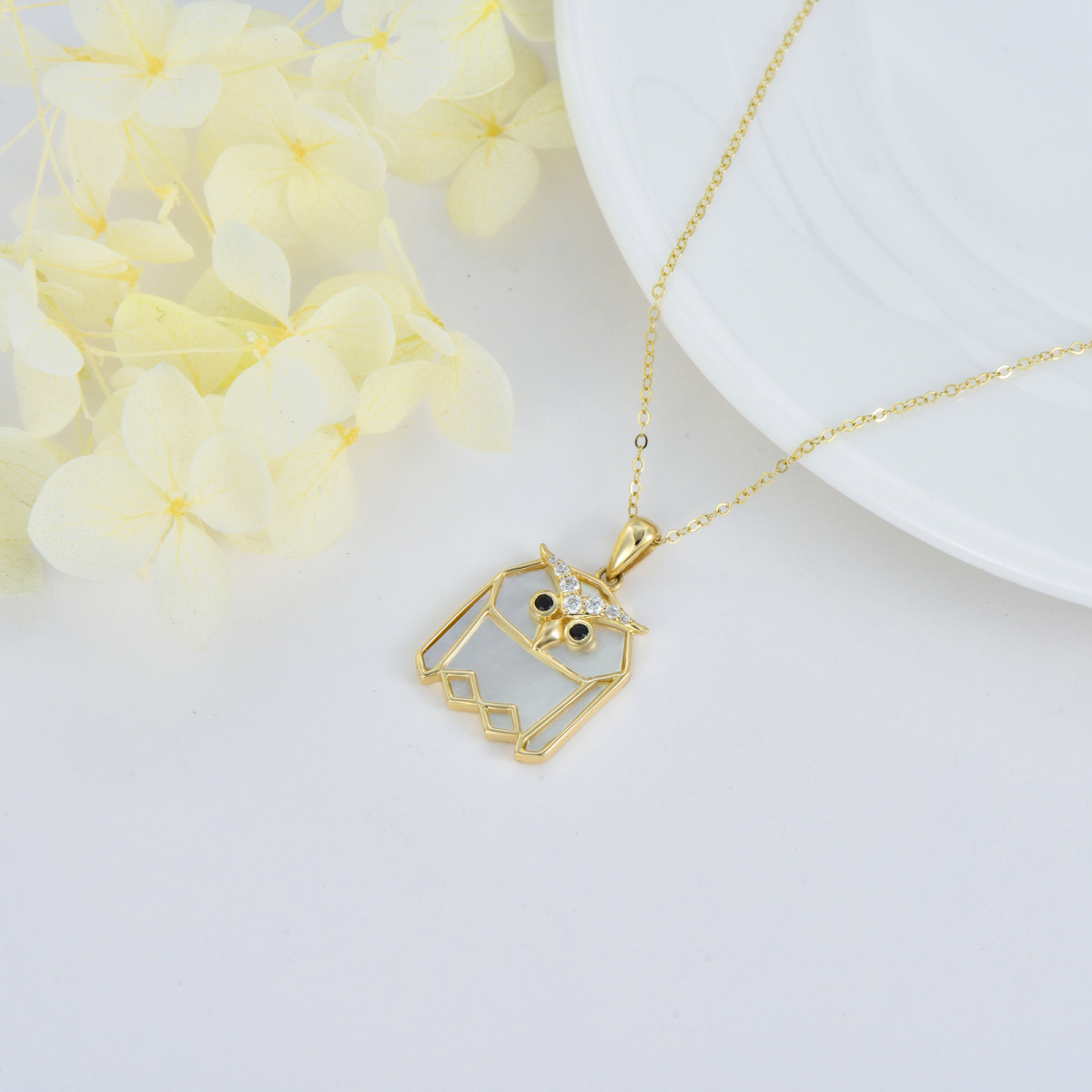 14K Gold Cubic Zirconia & Mother Of Pearl Owl Pendant Necklace-3