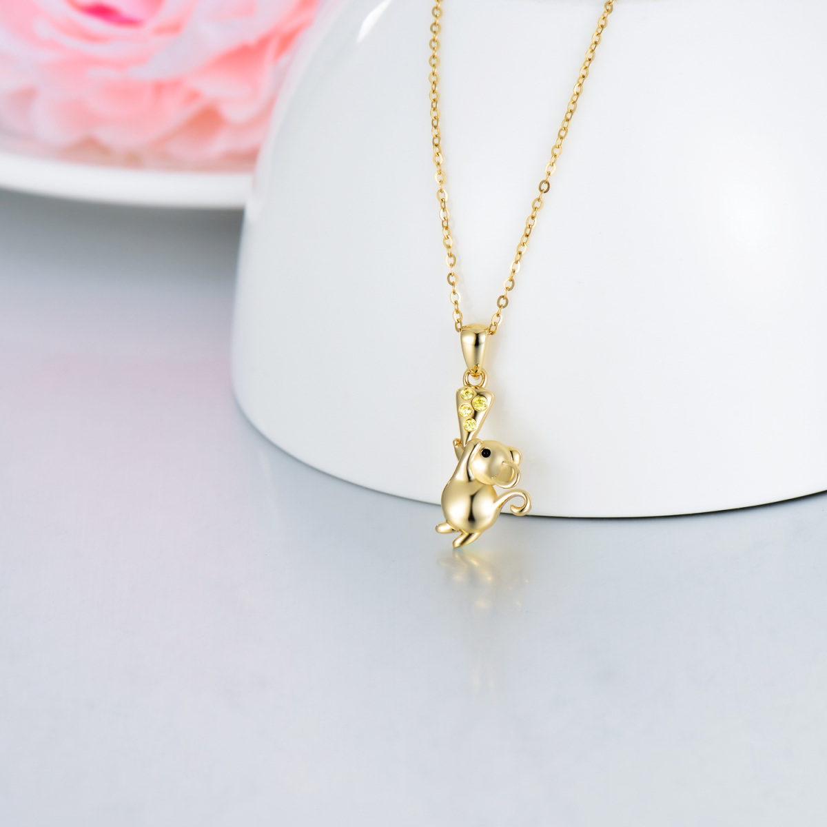 14K Gold Cubic Zirconia Mouse Pendant Necklace-3