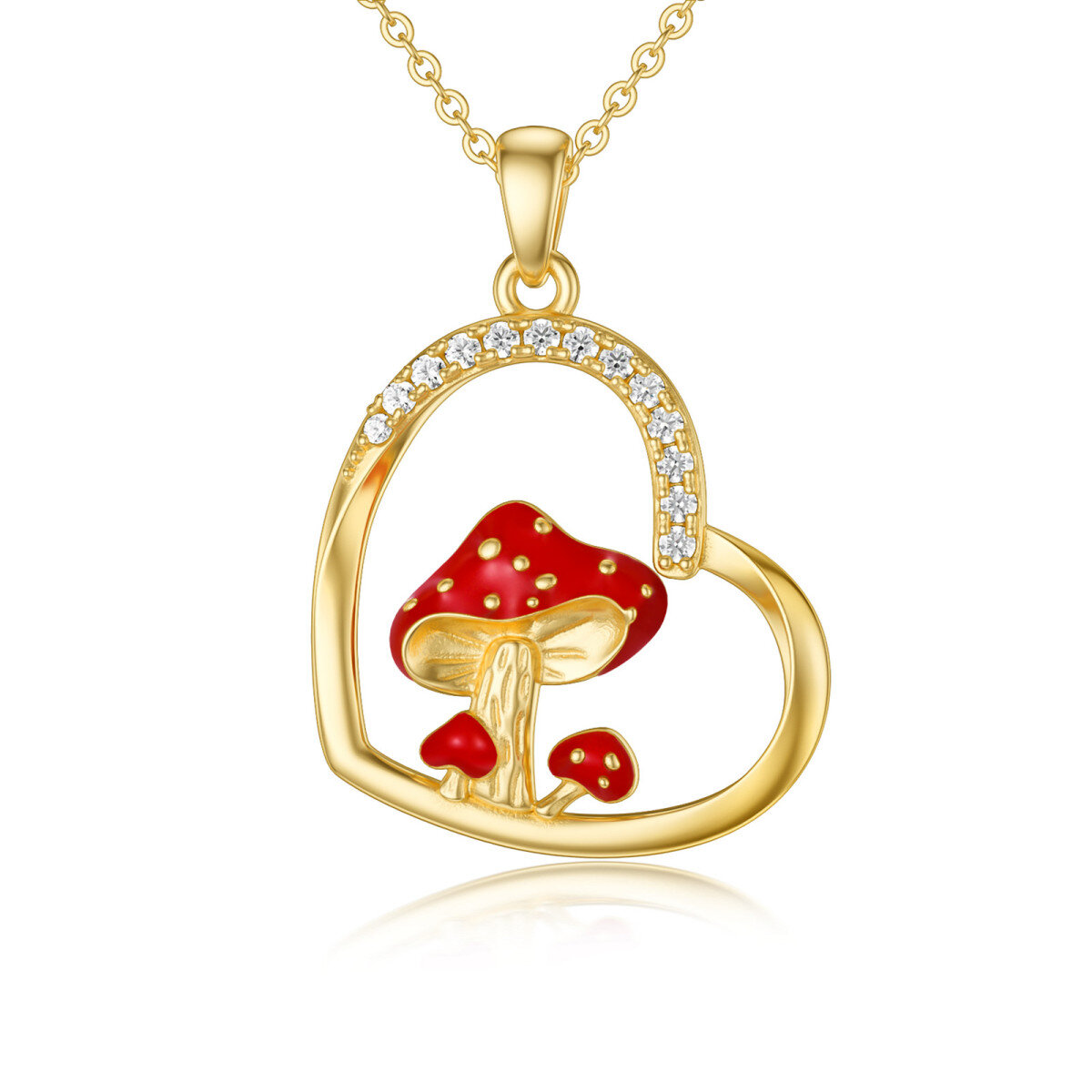 14K Oro Cúbico Zirconia Champiñón y Corazón Colgante Collar-1