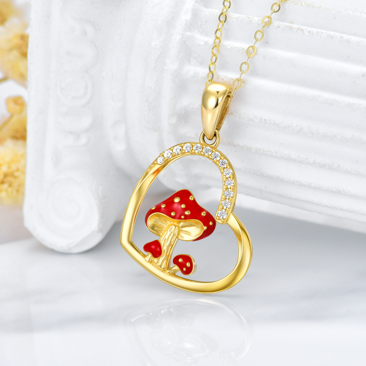 Collier à pendentif champignon et cœur en or 14K à zircon cubique-3