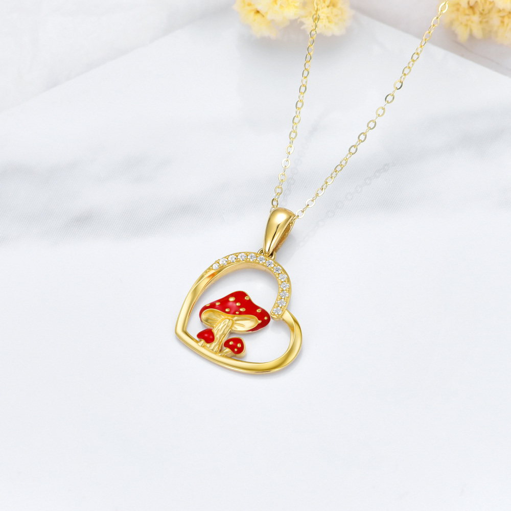 10K Gold Cubic Zirkonia Pilz & Herz Anhänger Halskette-4