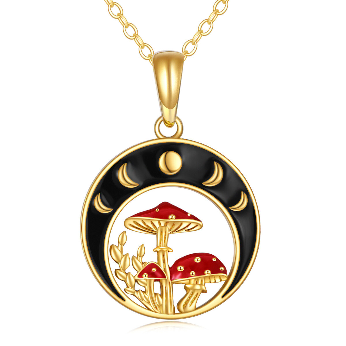 Collier à pendentif champignon et lune avec soleil en or 14 carats pour femme-1