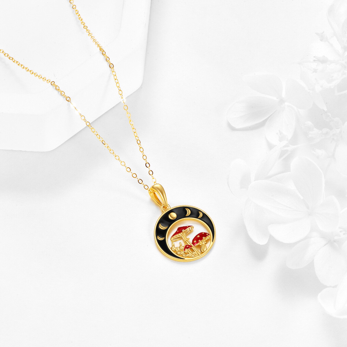 14K Gold Mushroom & Moon With Sun Pendant Necklace For Women-4