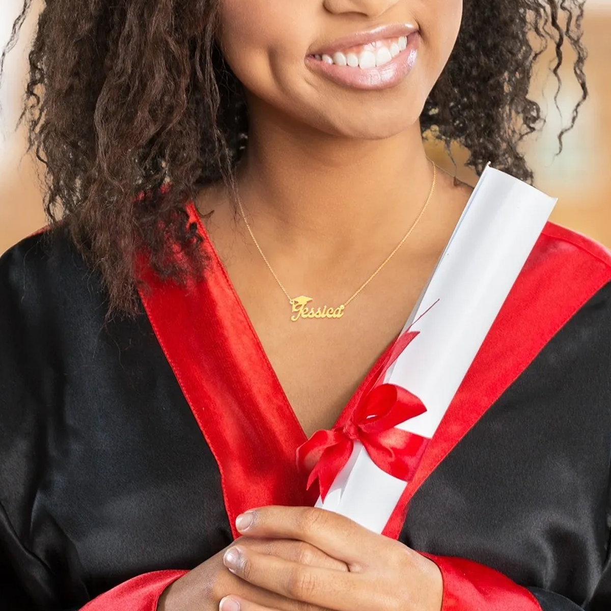 Collar con placa de identificación de oro de 14 quilates, collar de graduación-2