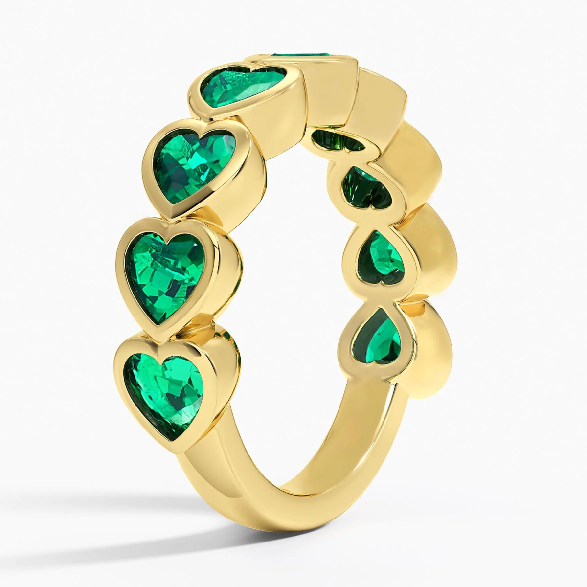 18K Gold Nine Lab Emerald Personalized Engraving & Couple & Heart Engagement Ring-4