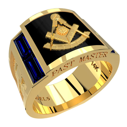 Anillo de sello masónico de ónix en plata de ley con baño de oro amarillo para hombre