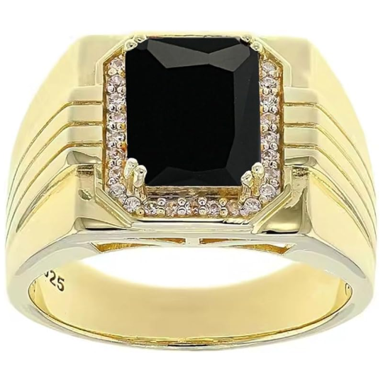 14K Gold Onyx with Diamonds Halo Emerald Cut Custom Engagement Ring for Men