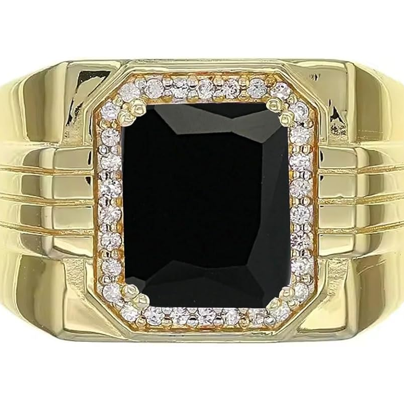 14K Gold Onyx with Diamonds Halo Emerald Cut Custom Engagement Ring for Men-2