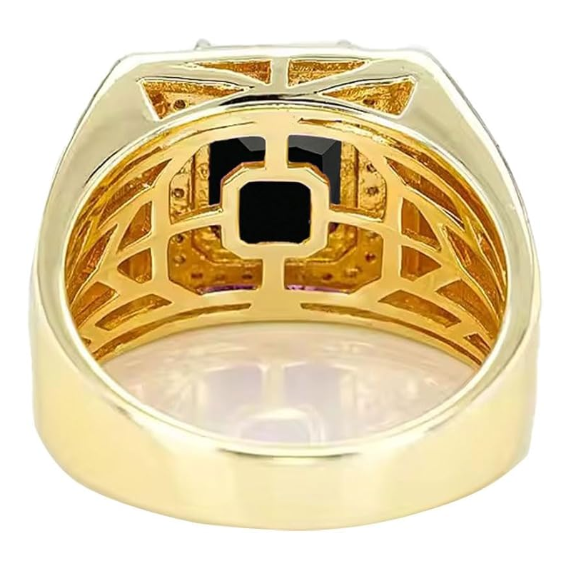 14K Gold Onyx with Diamonds Halo Emerald Cut Custom Engagement Ring for Men-3