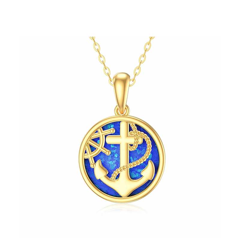 14K Gold Opal Anchor Pendant Necklace-1