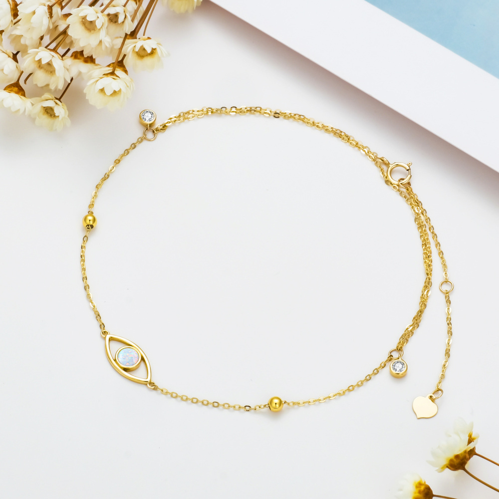10K Gold Cubic Zirconia & Opal Bead & Evil Eye Multi-layered Charm Anklet-3