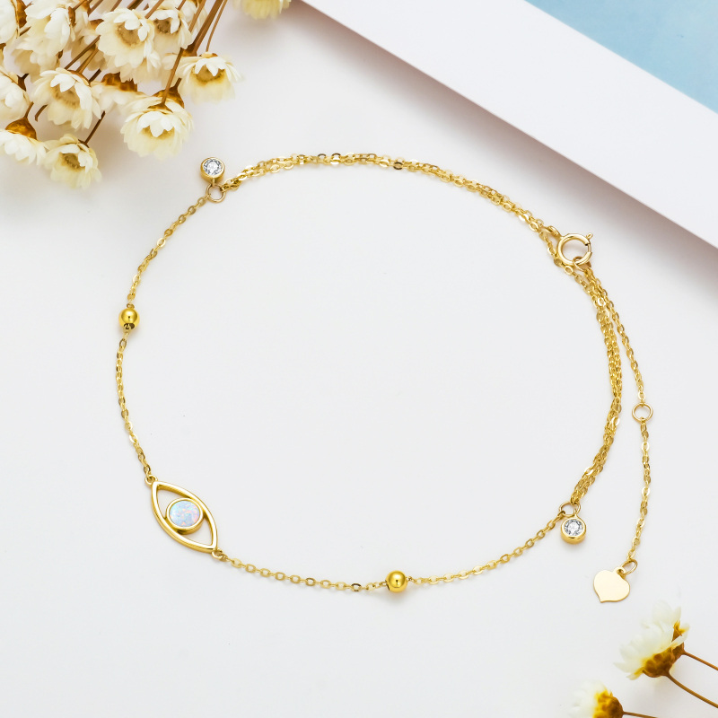 Tornozeleira em ouro branco 10K com zircónia cúbica, opala e pendente de olho grego em várias camadas-3