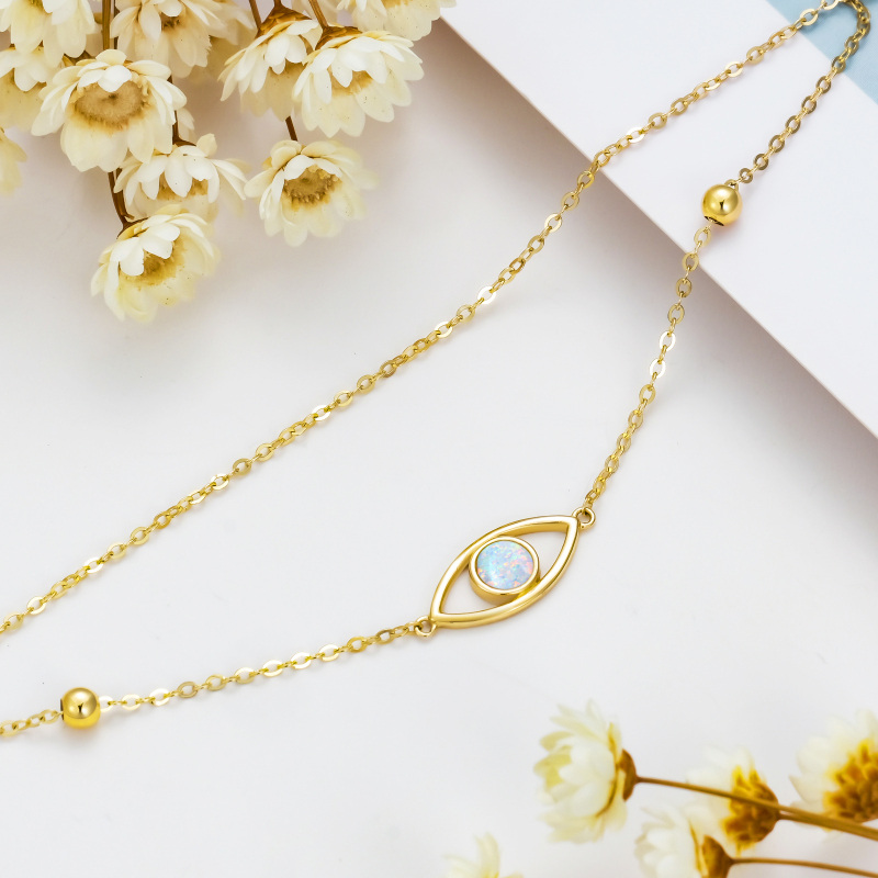 Tornozeleira em ouro branco 10K com zircónia cúbica, opala e pendente de olho grego em várias camadas-4