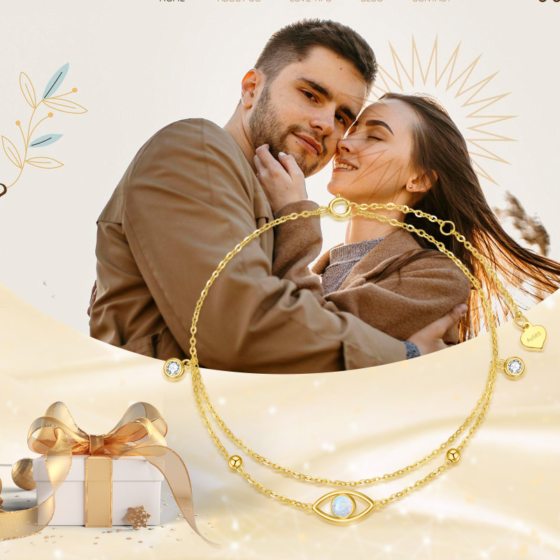 Tornozeleira em ouro branco 10K com zircónia cúbica, opala e pendente de olho grego em várias camadas-5