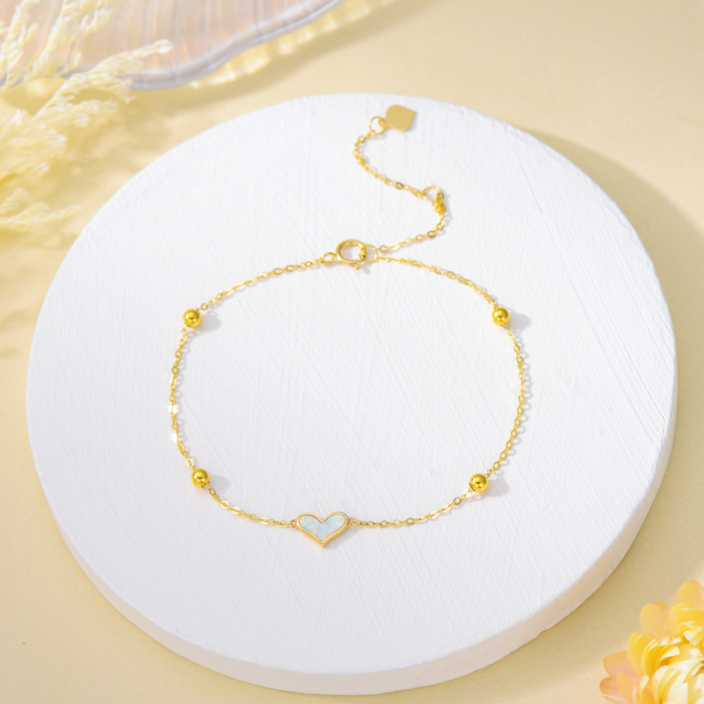 10K Gold Opal Bead & Heart Charm Bracelet-3