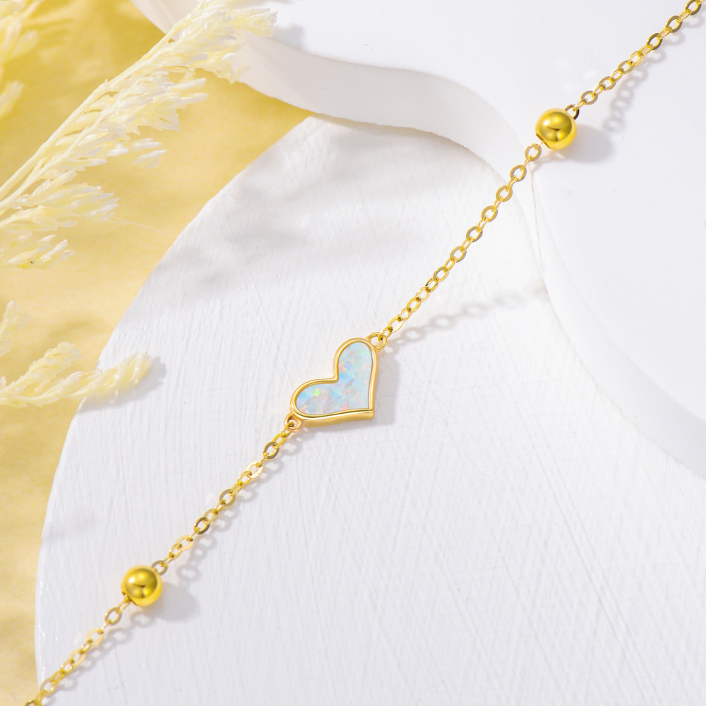 10K Gold Opal Bead & Heart Charm Bracelet-4