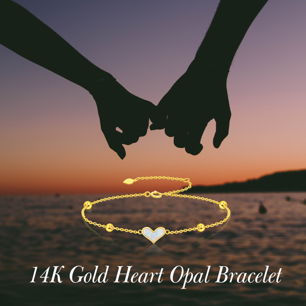 10K Gold Opal Bead & Heart Charm Bracelet-6