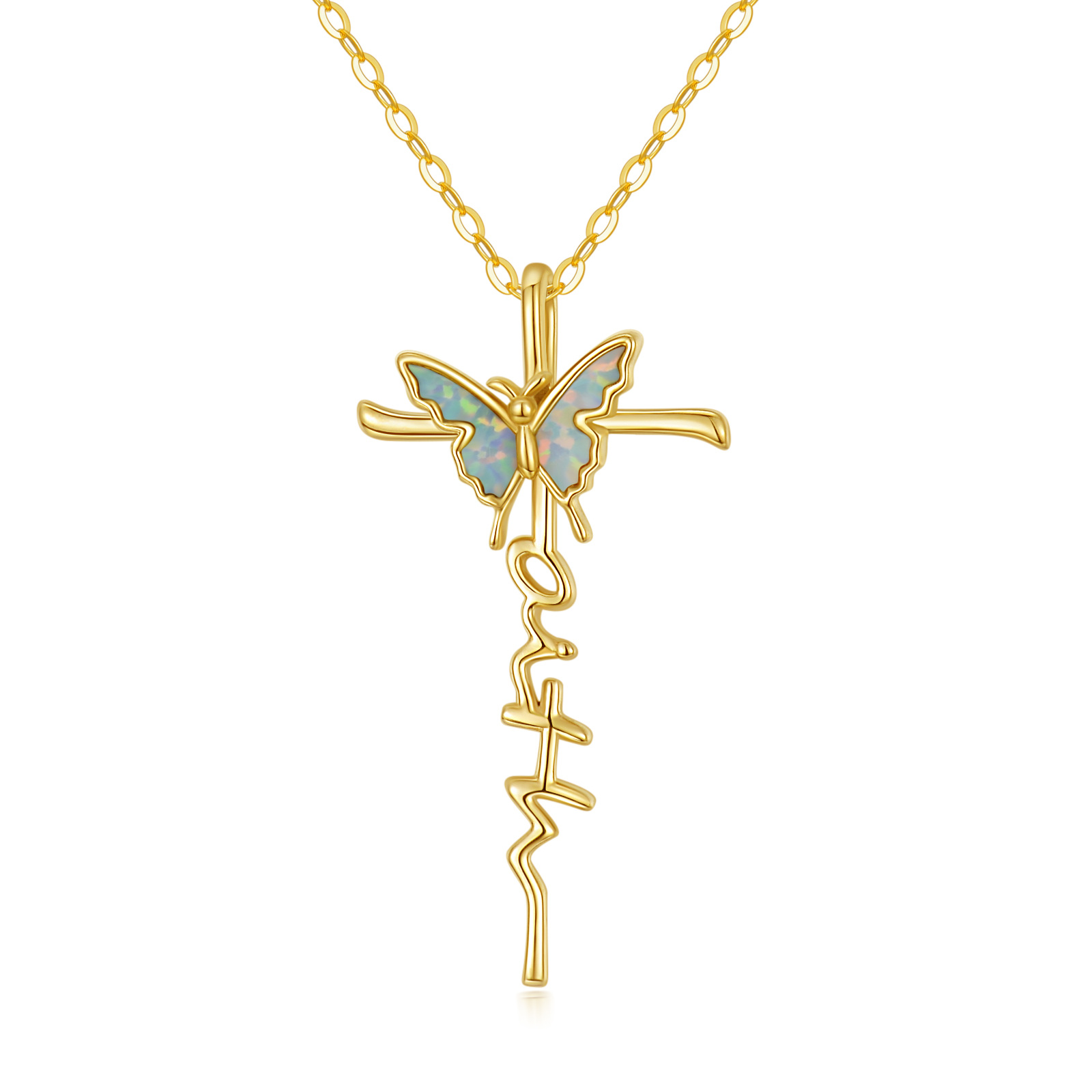 Image of 14K Gold Opal Butterfly & Cross Pendant Necklace