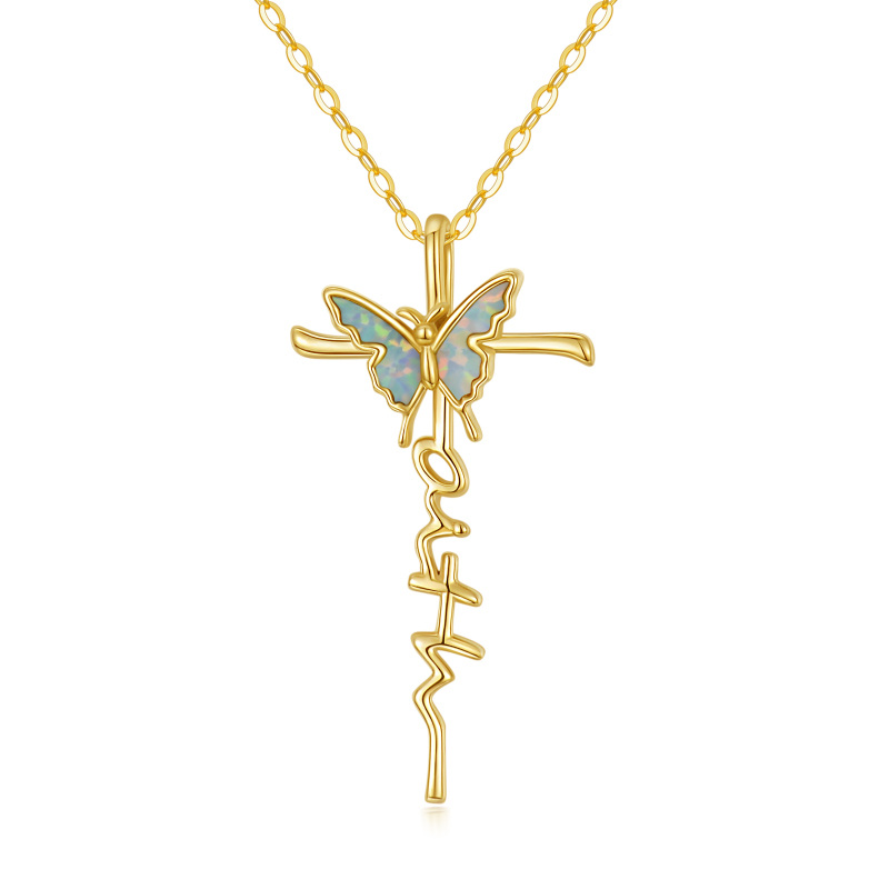 14K Gold Opal Butterfly & Cross Pendant Necklace