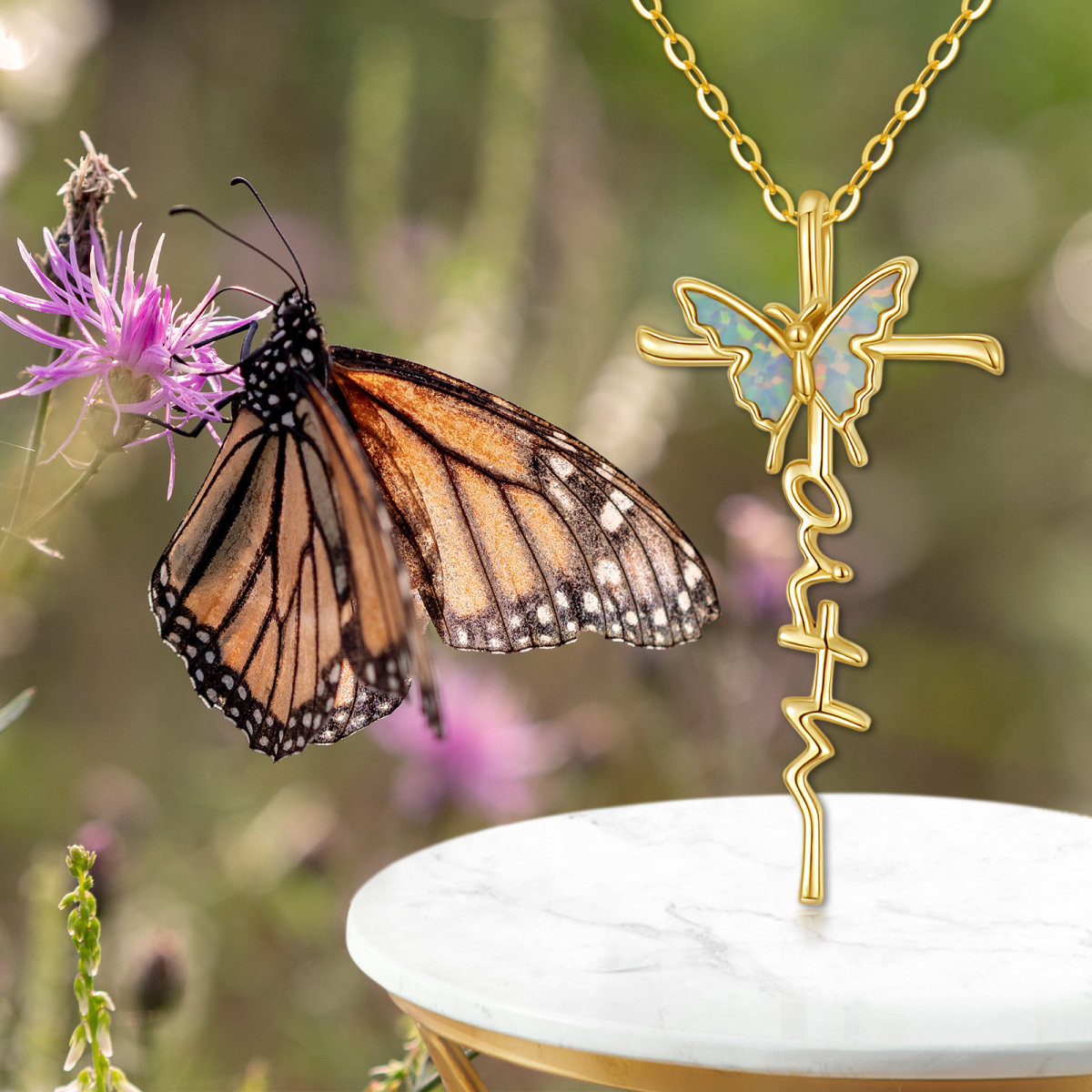 14K Gold Opal Butterfly & Cross Pendant Necklace-5